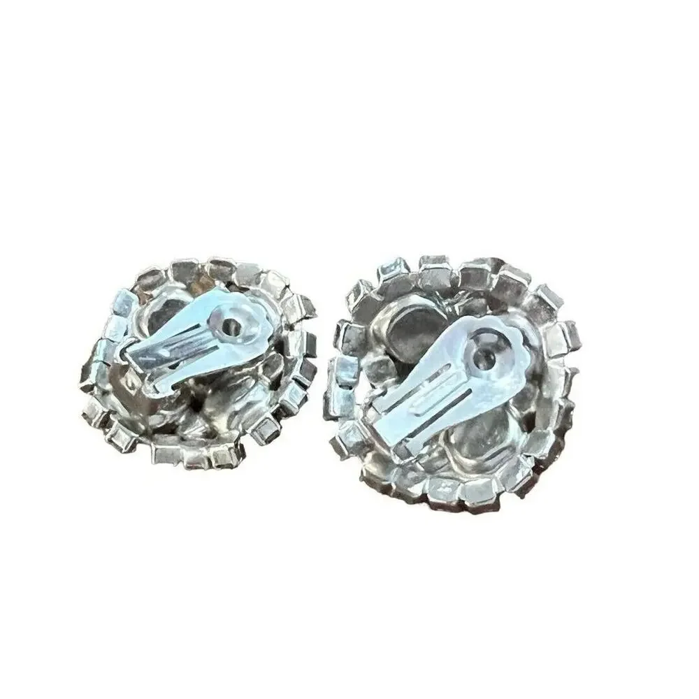 Vintage Formal Rhinestone Round Clip On Earrings Evening Bling